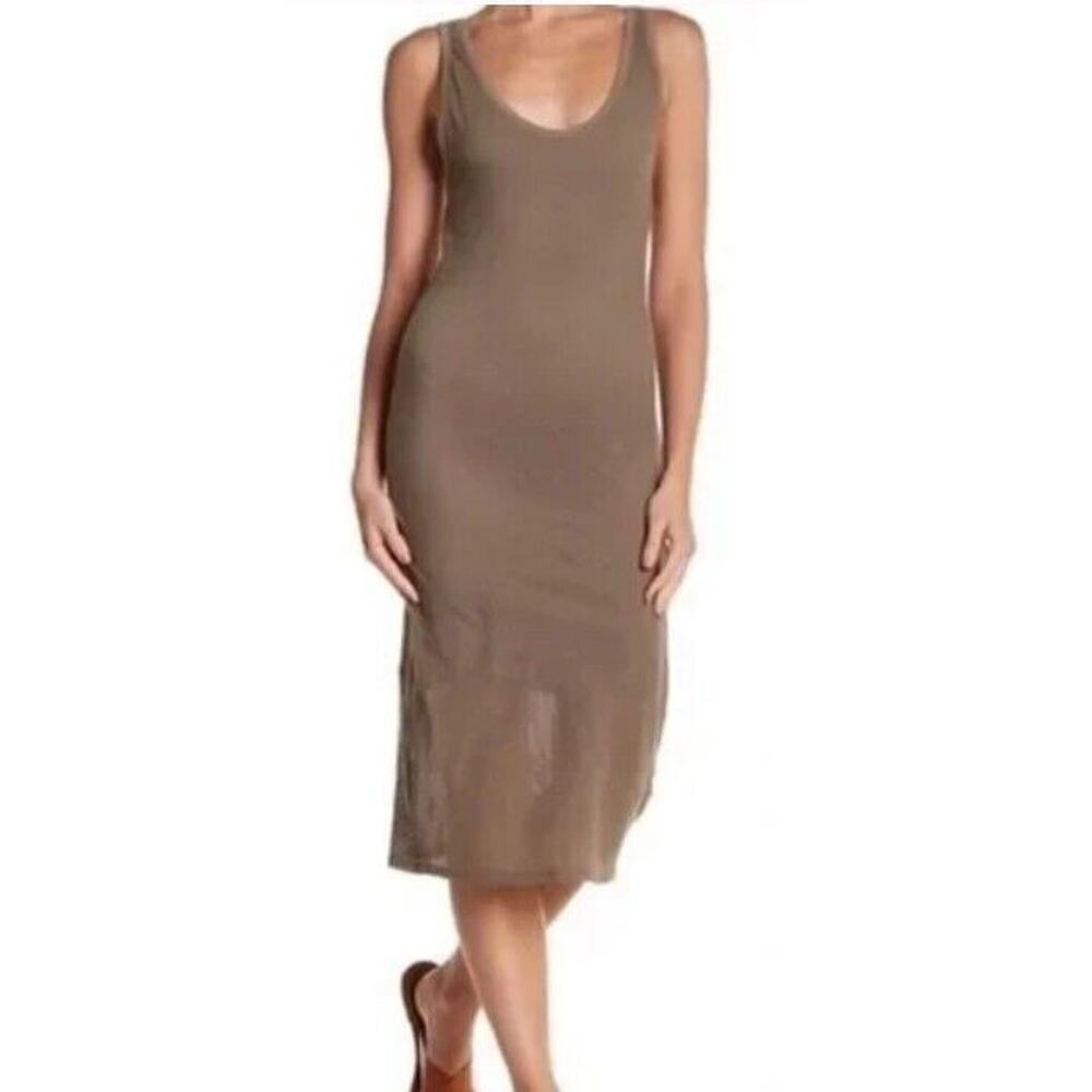 Michael Stars M Tank Mesh Dress Olive Green Stretch Knit Sleeveless Midi